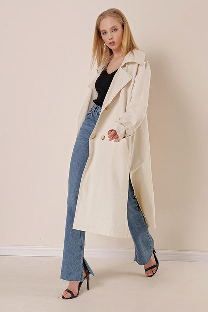 Women's Ecru Sleeve Detailed Belted Buttoned Oversize Trench Coat