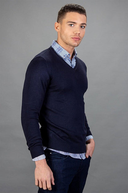 Slim Fit V-Neck Cotton Men's Blue Sweater