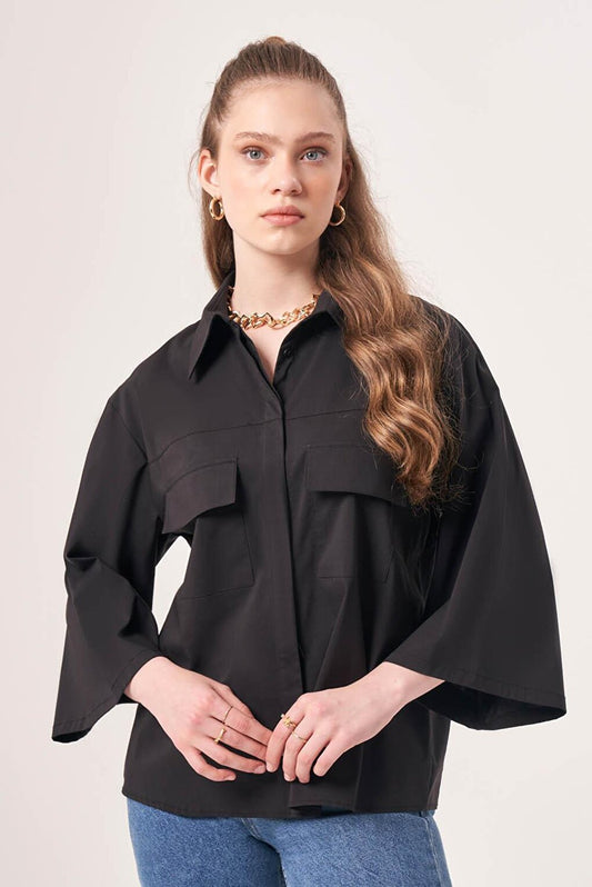 Short Pocket Poplin Black Shirt