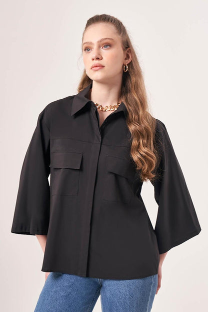 Short Pocket Poplin Black Shirt