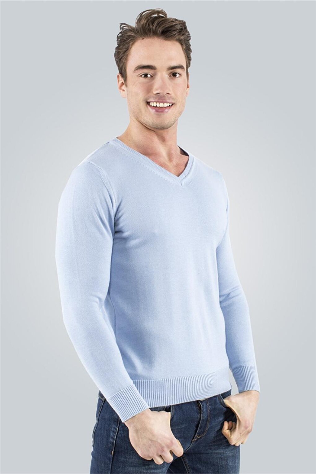 Slim Fit V-Neck Cotton Men's Blue Sweater