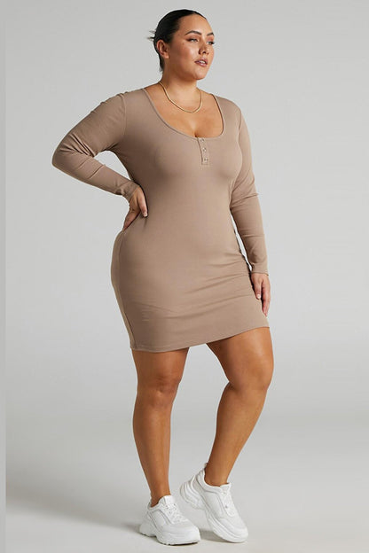 Beige Long Sleeve Basic Mini Women's Dress MG1700