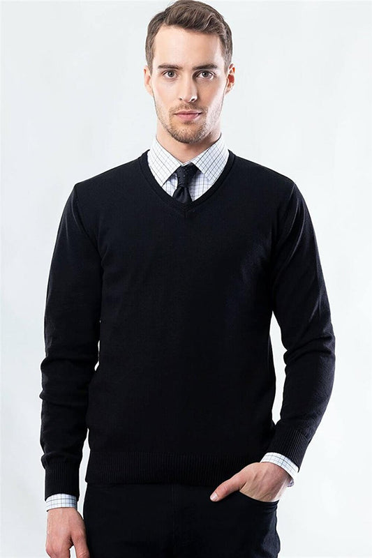 Slim Fit V-Neck Cotton Men's Black Sweater