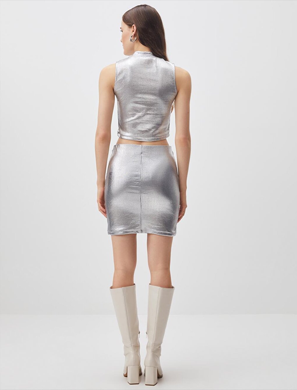 Silver Tight Cut Shiny Stylish Mini Skirt