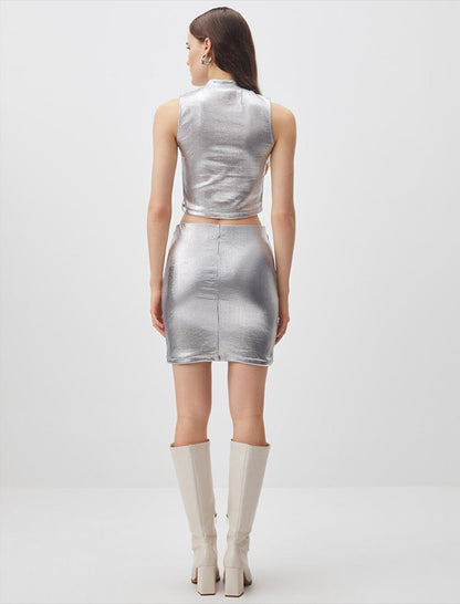 Silver Tight Cut Shiny Stylish Mini Skirt