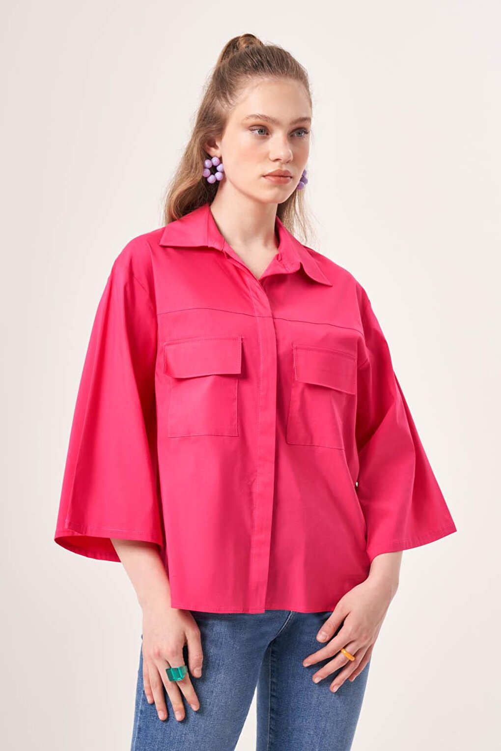 Short Pocket Poplin Fuchsia Shirt