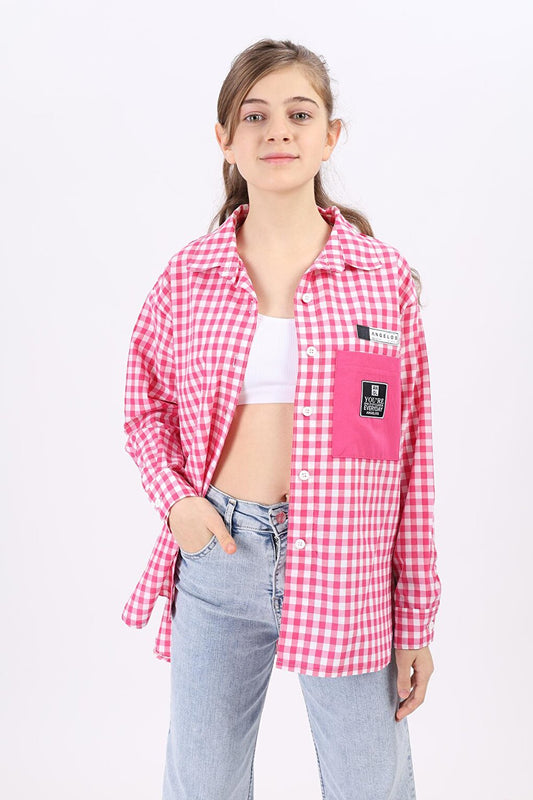 Girl's Gingham Plaid Shirt with Pocket Garnish Lx183-1