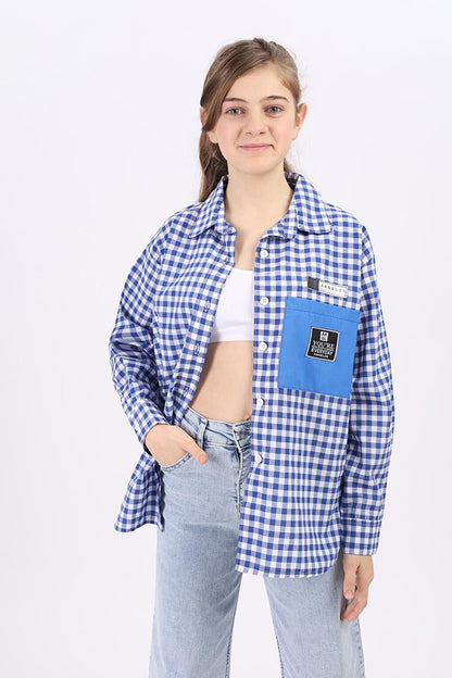 Girl's Gingham Plaid Shirt with Pocket Garnish Lx183-1