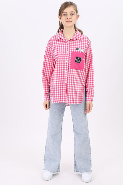 Girl's Gingham Plaid Shirt with Pocket Garnish Lx183-1