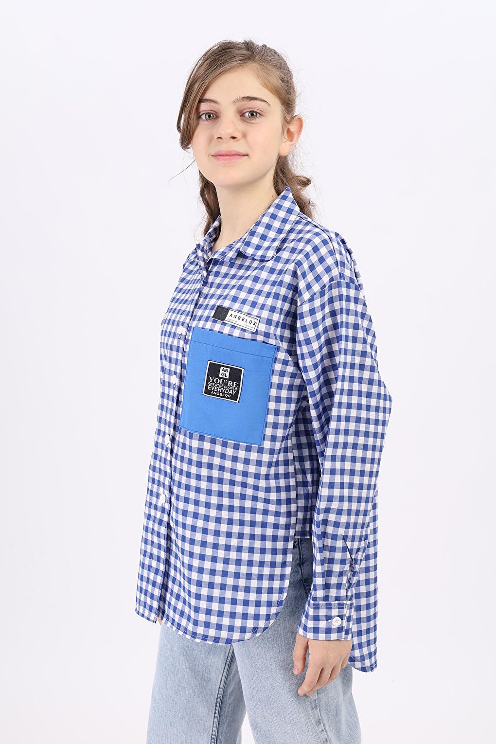 Girl's Gingham Plaid Shirt with Pocket Garnish Lx183-1