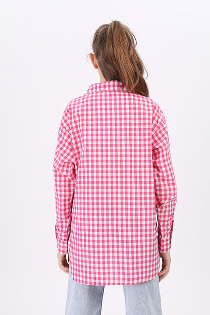 Girl's Gingham Plaid Shirt with Pocket Garnish Lx183-1