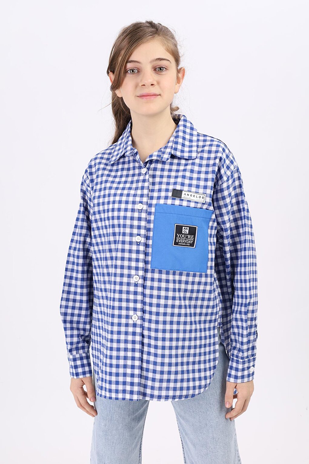 Girl's Gingham Plaid Shirt with Pocket Garnish Lx183-1