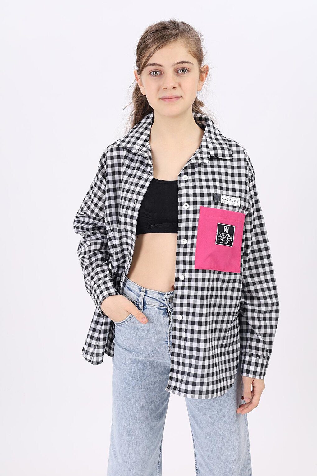 Girl's Gingham Plaid Shirt with Pocket Garnish Lx183-1