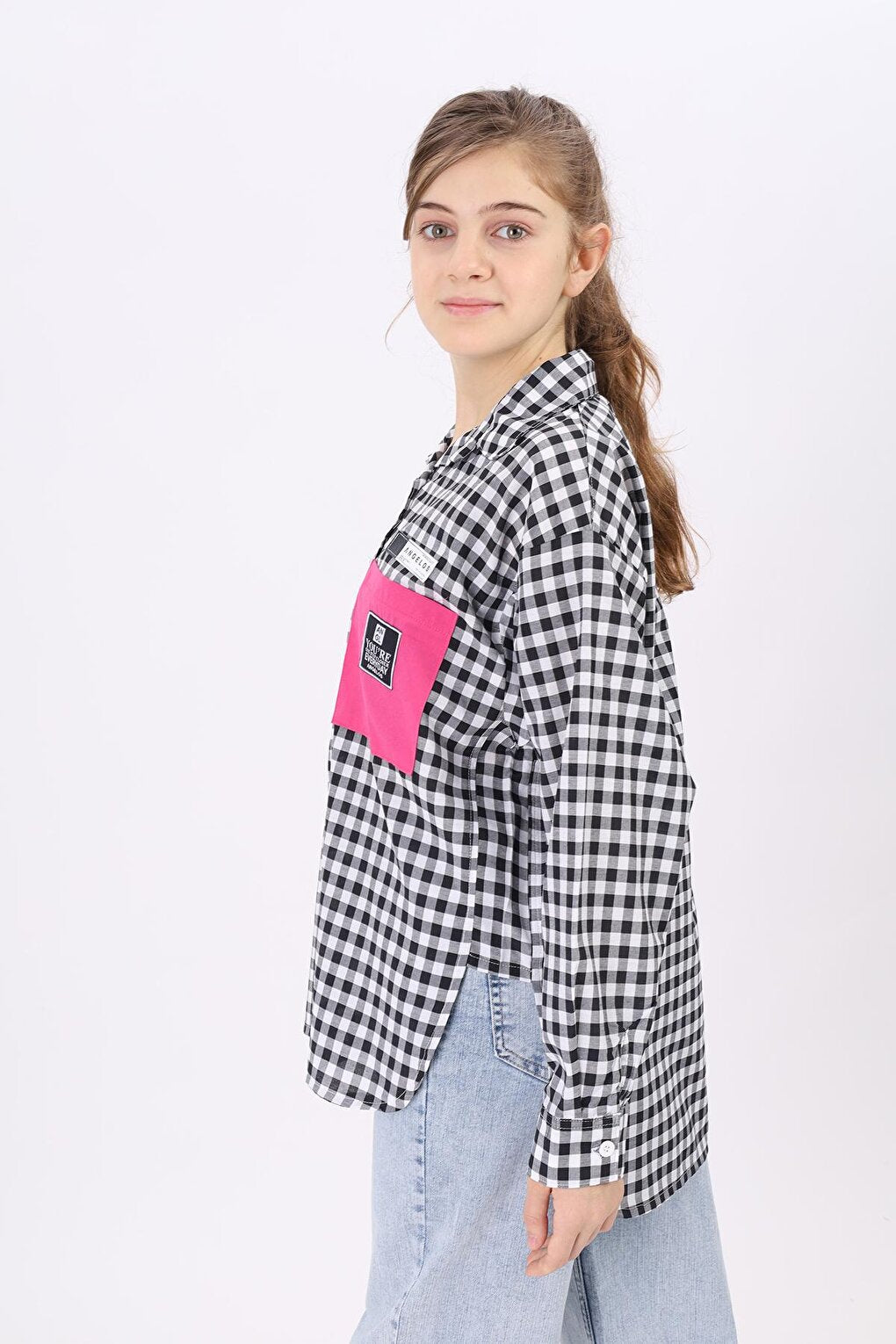 Girl's Gingham Plaid Shirt with Pocket Garnish Lx183-1