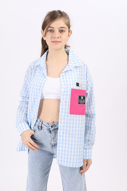 Girl's Gingham Plaid Shirt with Pocket Garnish Lx183-1