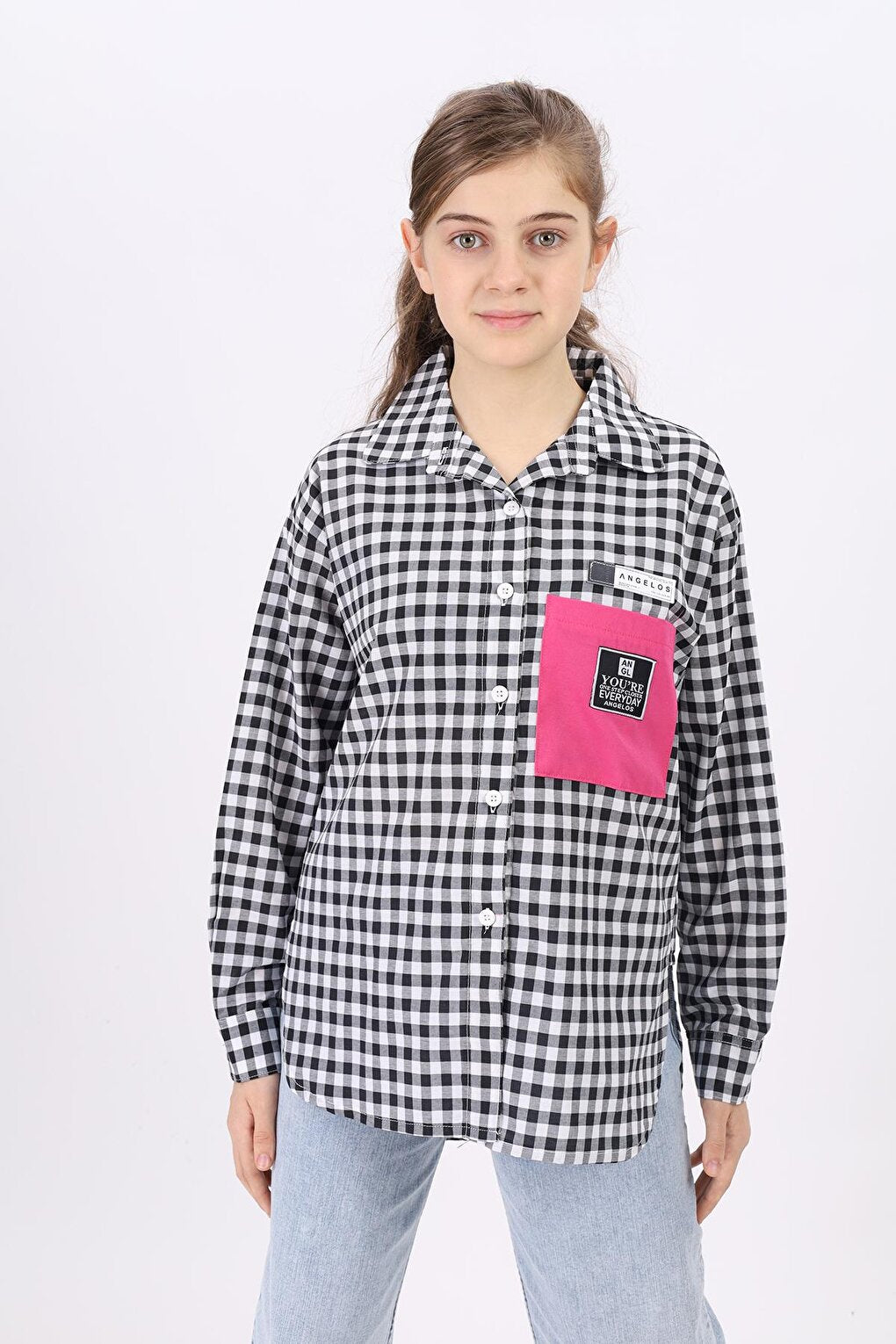 Girl's Gingham Plaid Shirt with Pocket Garnish Lx183-1