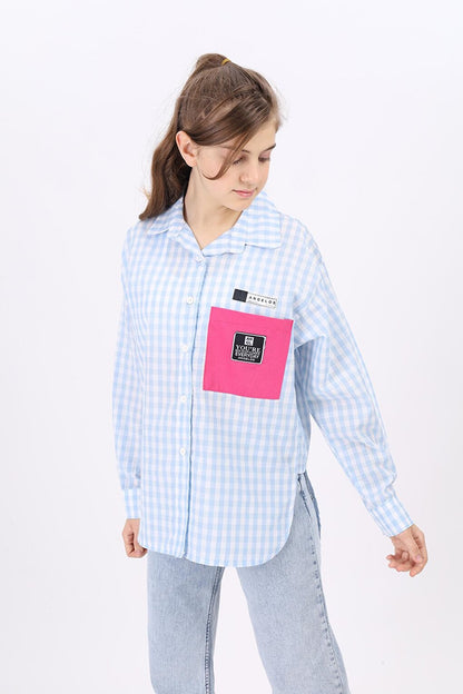 Girl's Gingham Plaid Shirt with Pocket Garnish Lx183-1