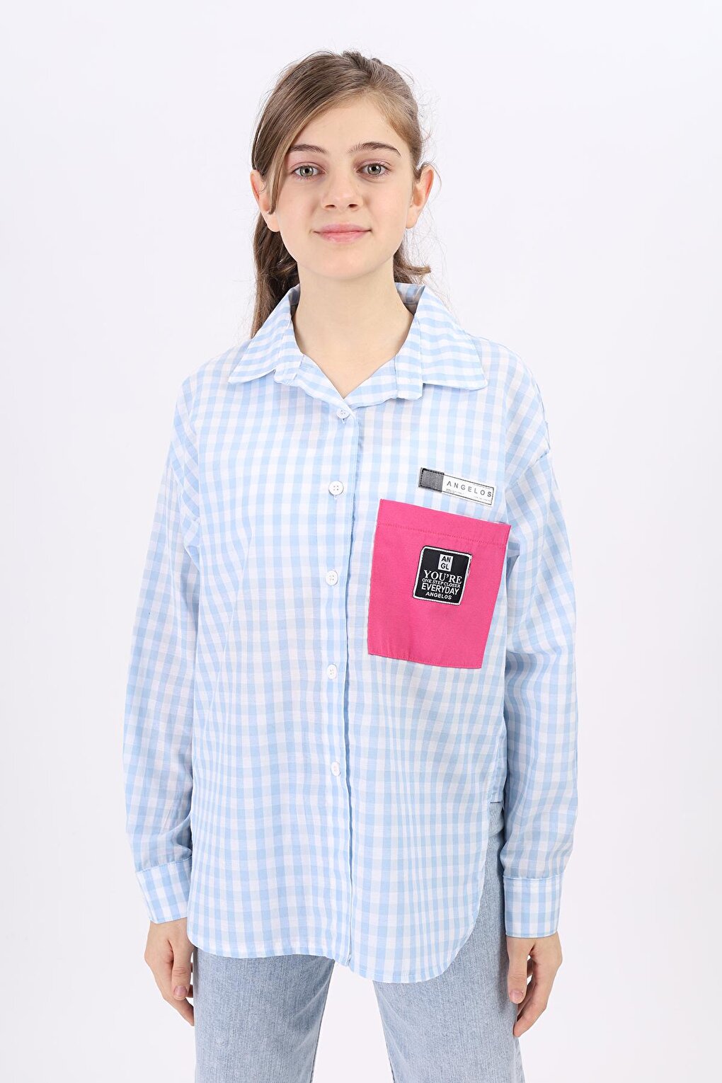 Girl's Gingham Plaid Shirt with Pocket Garnish Lx183-1