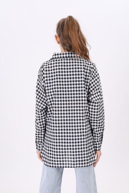 Girl's Gingham Plaid Shirt with Pocket Garnish Lx183-1