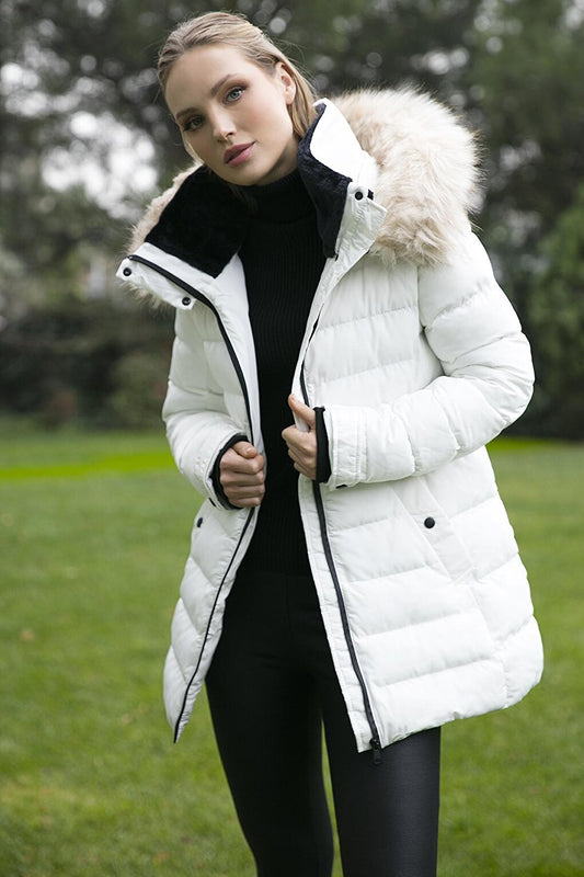 Removable Hooded Puffer Coat with Feather Collar 497YASMIN21