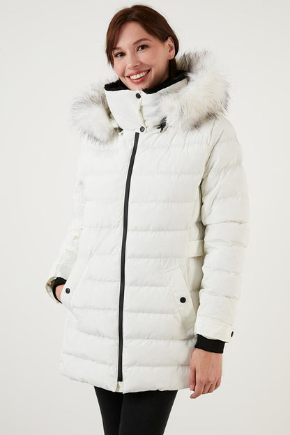 Removable Hooded Puffer Coat with Feather Collar 497YASMIN21