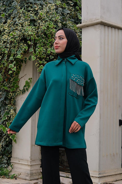 Shirt with Hidden Buttons and Stone Accessories, Emerald Green