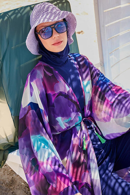 Batik Patterned Purple Kimono Kaftan P2338