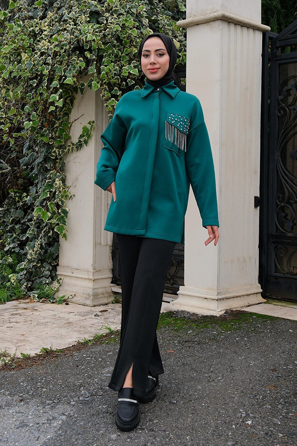 Shirt with Hidden Buttons and Stone Accessories, Emerald Green