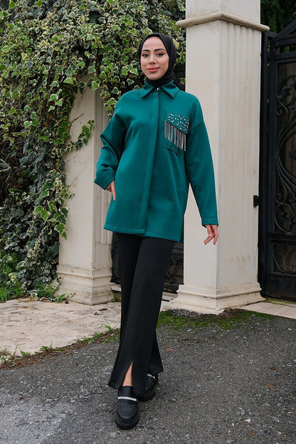 Shirt with Hidden Buttons and Stone Accessories, Emerald Green