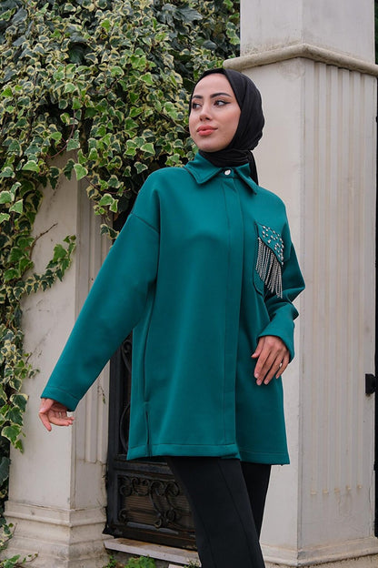 Shirt with Hidden Buttons and Stone Accessories, Emerald Green