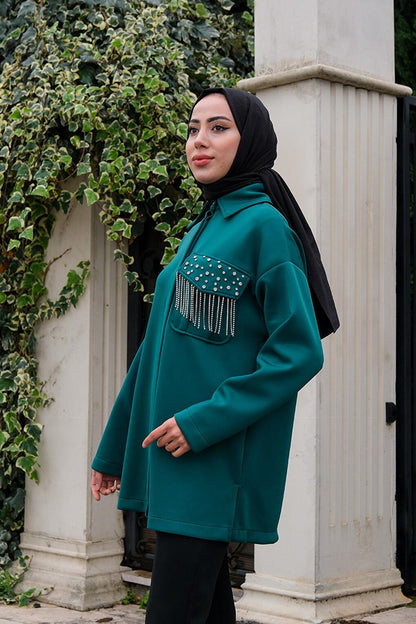 Shirt with Hidden Buttons and Stone Accessories, Emerald Green