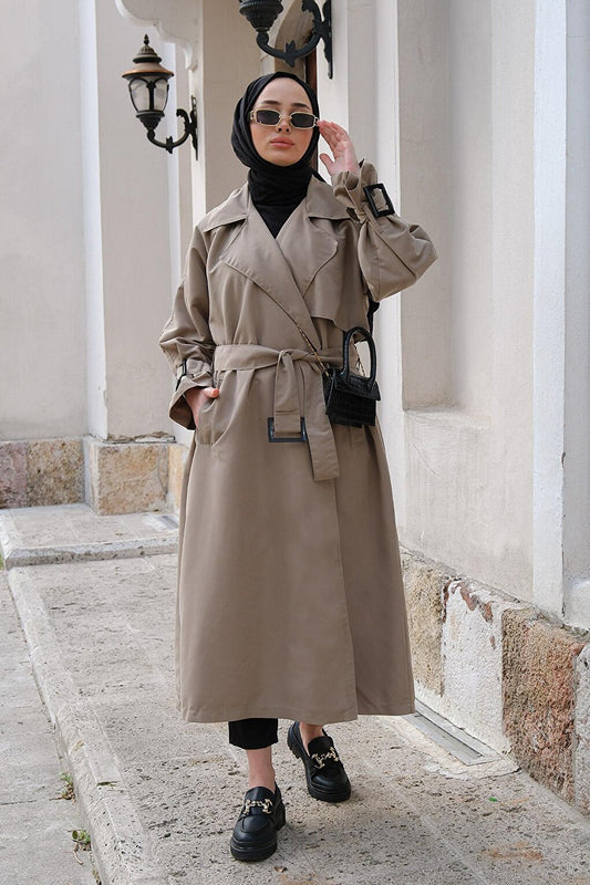 Women's Oversize Belted Long Trench Coat Gray