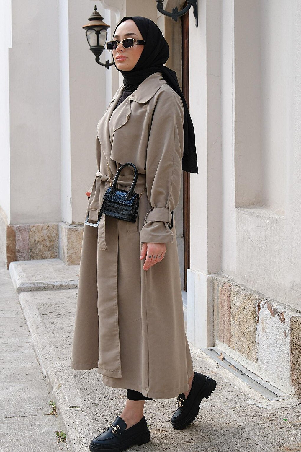 Women's Oversize Belted Long Trench Coat Gray