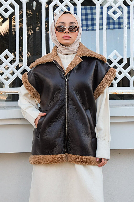 Leather Look Fur Vest Bitter Brown