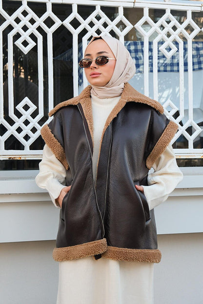 Leather Look Fur Vest Bitter Brown