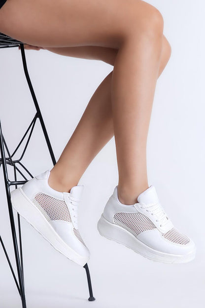 Women's White Comfortable Fit High Sole Breathable Fabric Lace-up Sneaker