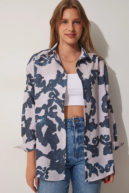 Women's Smoked Patterned Oversize Basic Shirt