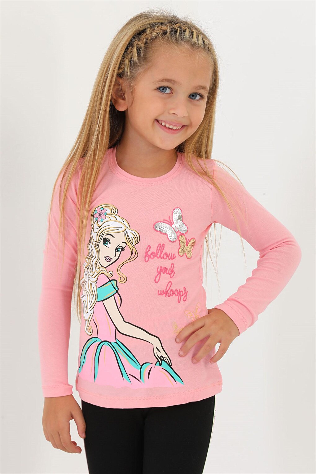 Girl's Salmon Colored Crew Neck Princess Printed Long Sleeve T-Shirt