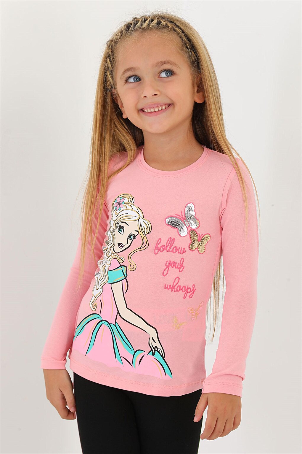 Girl's Salmon Colored Crew Neck Princess Printed Long Sleeve T-Shirt