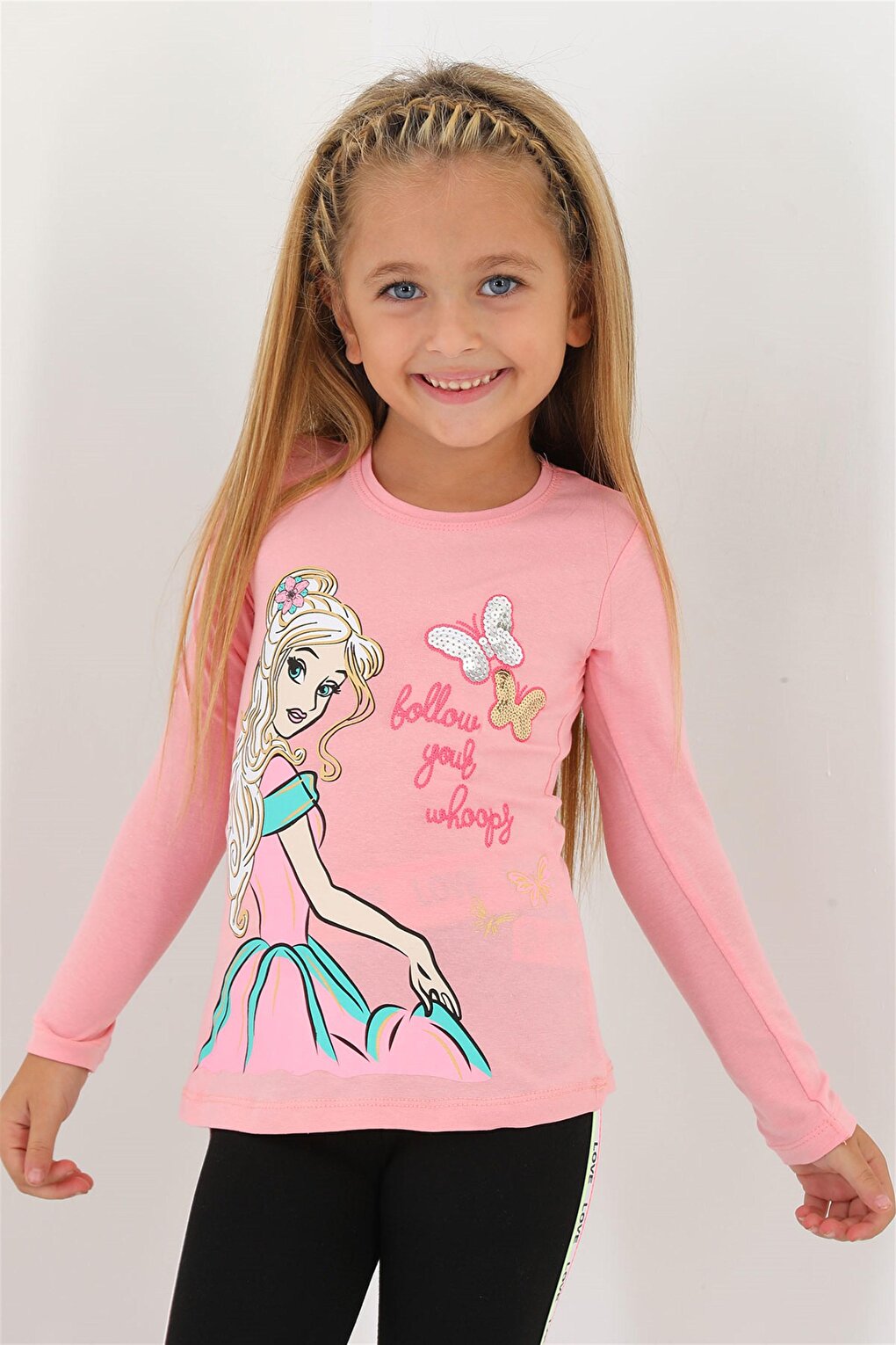 Girl's Salmon Colored Crew Neck Princess Printed Long Sleeve T-Shirt