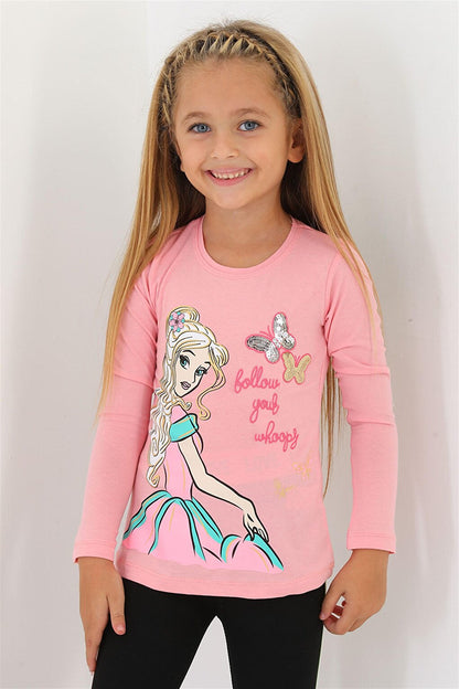 Girl's Salmon Colored Crew Neck Princess Printed Long Sleeve T-Shirt