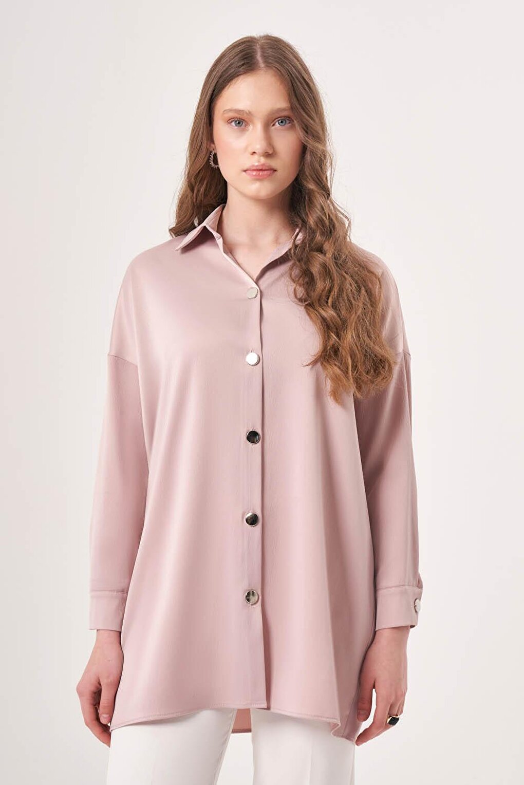 Satin Beige Shirt with Metal Buttons