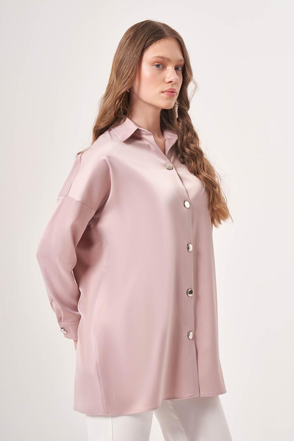 Satin Beige Shirt with Metal Buttons