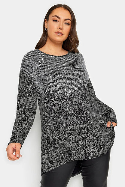 Plus Size Crew Neck Long Sleeve Sequin Embroidered Blouse 302857