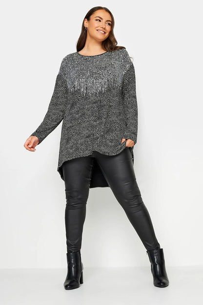 Plus Size Crew Neck Long Sleeve Sequin Embroidered Blouse 302857