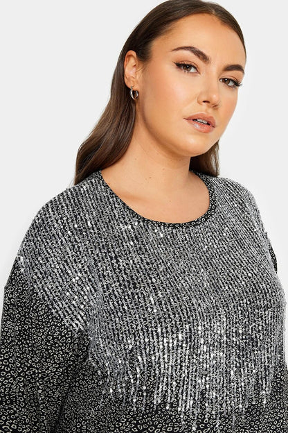 Plus Size Crew Neck Long Sleeve Sequin Embroidered Blouse 302857