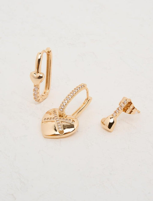 Gold Heart Figured Stone Earring Set