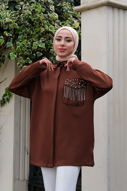 Shirt Brown with Hidden Buttons and Stone Accessories