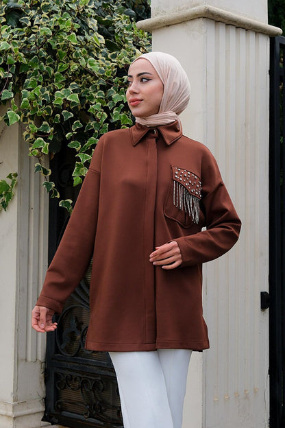 Shirt Brown with Hidden Buttons and Stone Accessories