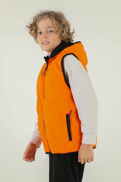 Hooded Double Pocket Zipper Detailed Boy's Vest